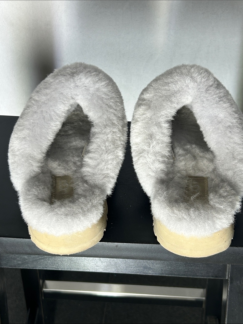 UGG White Suede Shearling Slip-On Mules with Tan Sole - Picture 4 of 4